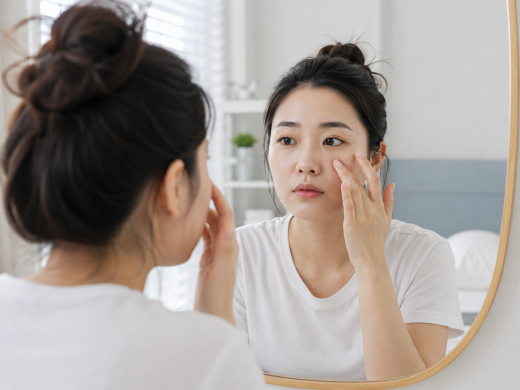 아침에 얼굴이 부어 거울을 보는 사람