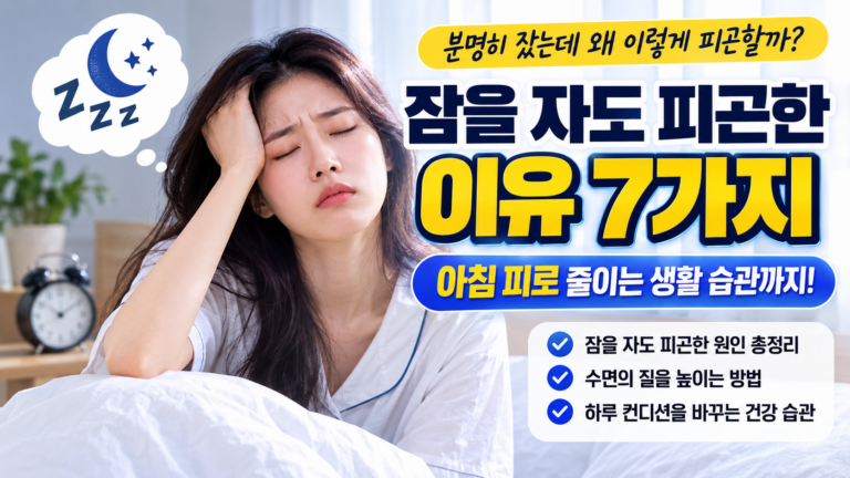잠을 자도 피곤한 이유와 아침 피로 줄이는 생활 습관을 설명하는 건강 정보 이미지