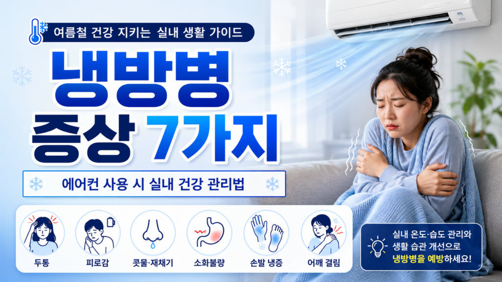 냉방병 증상과 에어컨 사용 시 실내 건강 관리법을 설명하는 건강 정보 이미지