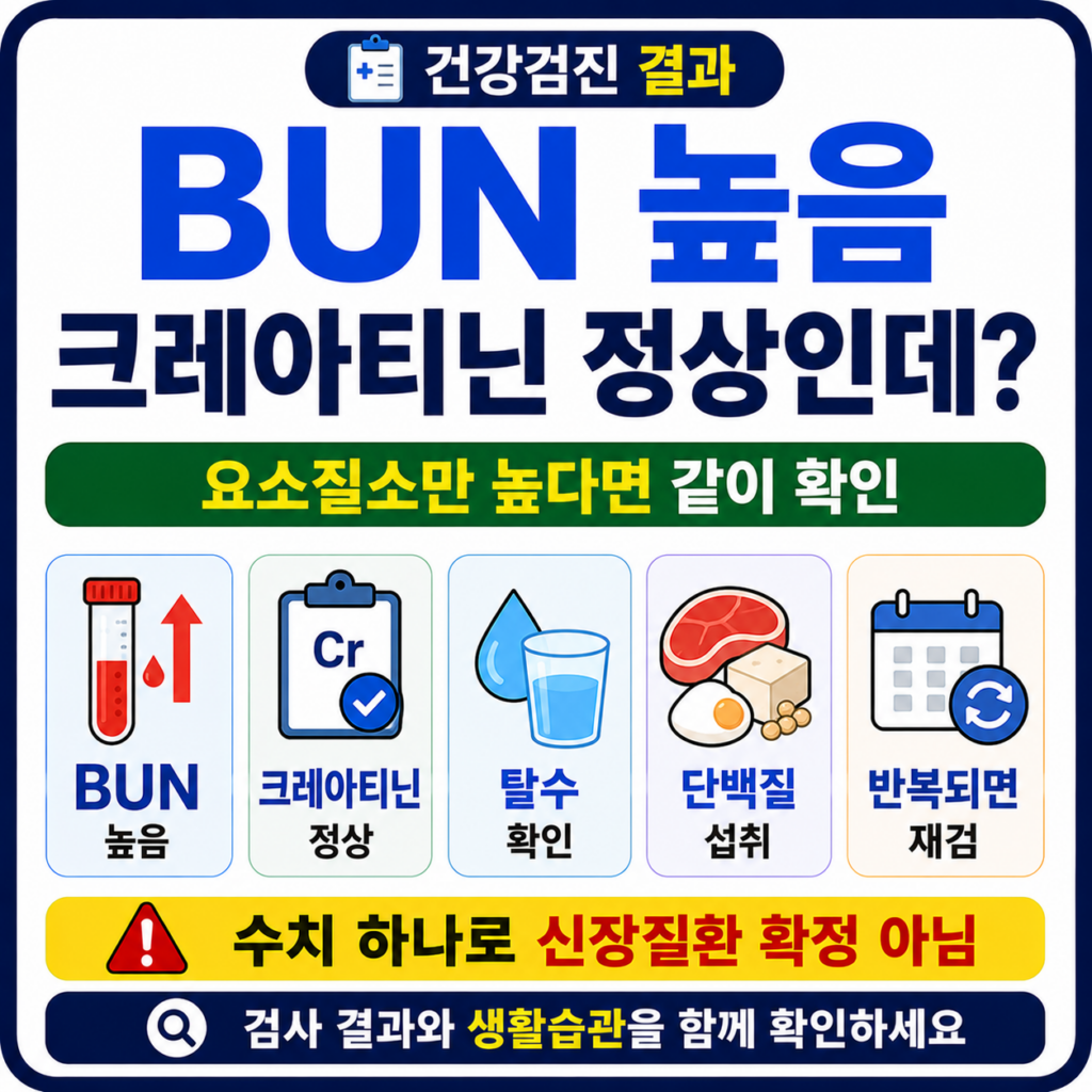 건강검진 BUN 높음과 크레아티닌 정상 결과 확인